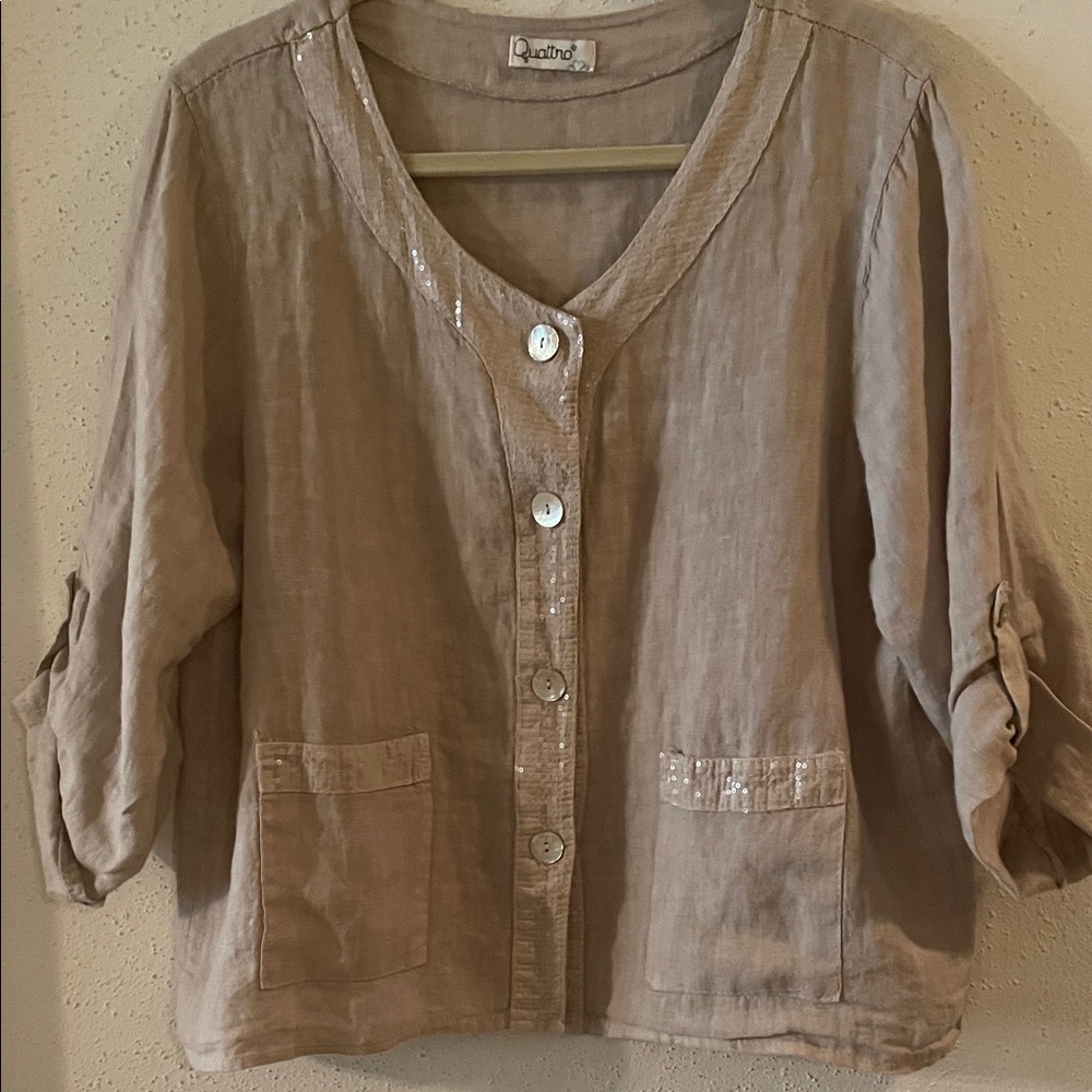 Quattro Taupe Button-Up Linen Shirt/Jacket with embellishments.